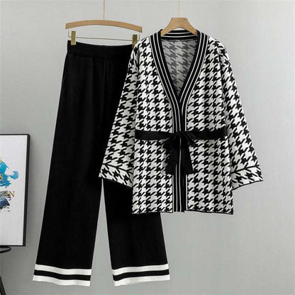 Black - Mid-Length Knitted Cardigan Two Piece Set