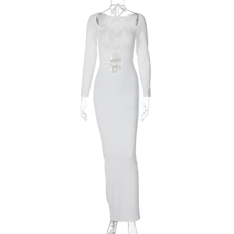 Halter Neck Lace-Up Cutout Long Sleeve Bodycon Maxi Dress