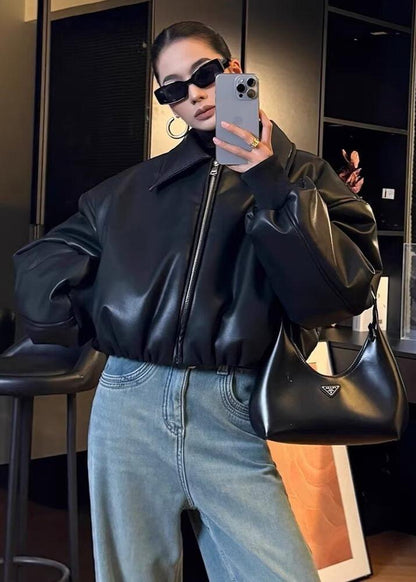 Luna - Cropped Faux Leather Bomber Jacket