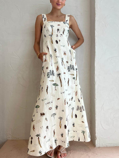 Square Neck Wide Strap Illustrated Resort Graphic Pocket A-Line Maxi Dress