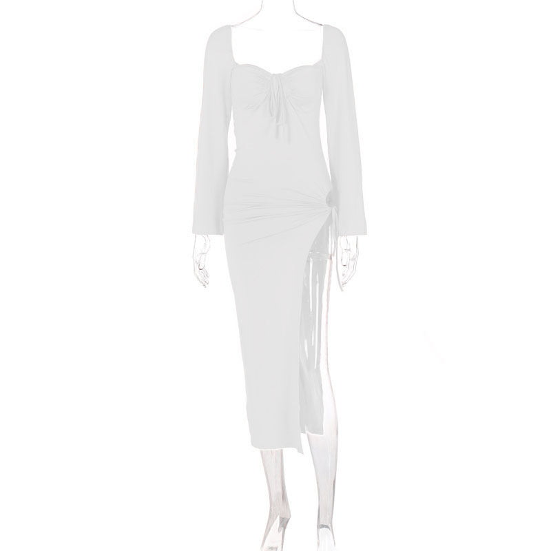 Sweetheart Keyhole Tie Long Sleeve Hip Cutout Slit Maxi Dress