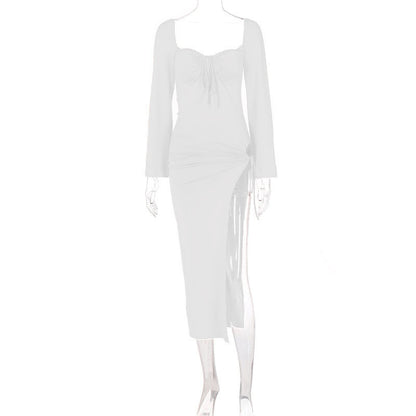 Sweetheart Keyhole Tie Long Sleeve Hip Cutout Slit Maxi Dress