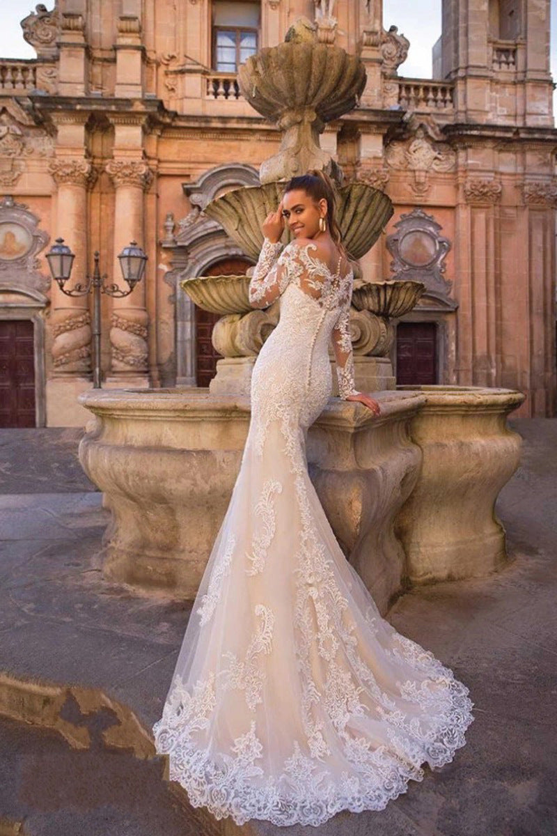 White Lace Backless Wedding Dress