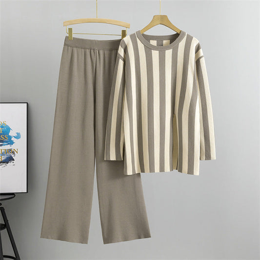 Camel - Fashion Striped Split Hem Two Piece Set