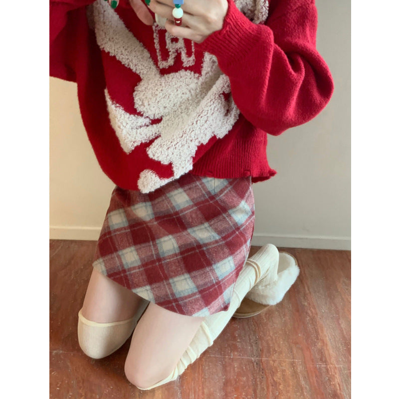 Plus Size Wool Plaid High Waist Skirt