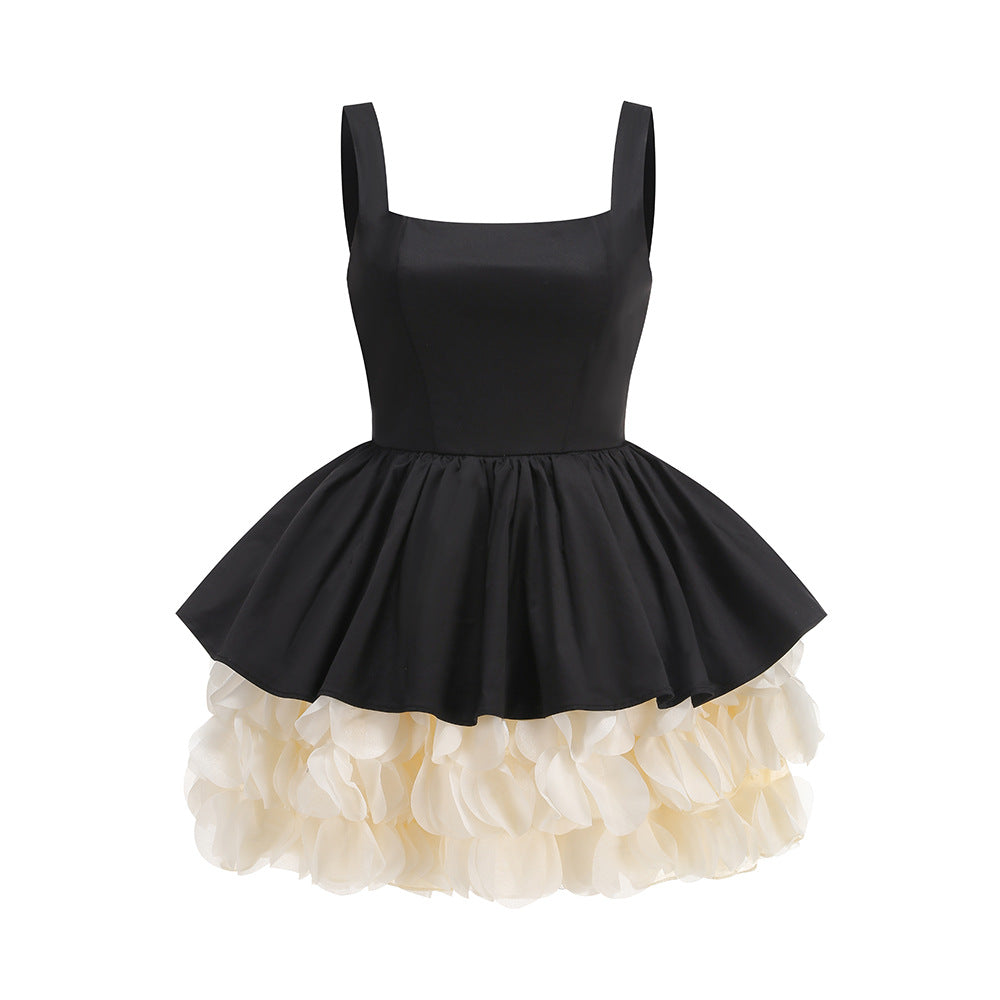 Retro Black & White Puff Sleeve Party Dress High-End Look