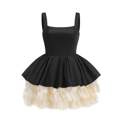 Retro Black & White Puff Sleeve Party Dress High-End Look