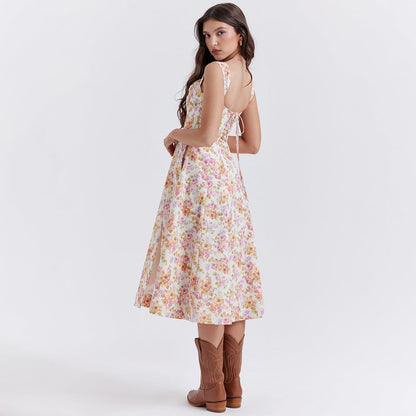 Floral Print Corset Boning Scoop Neck Tank Strap Side Slit A-Line Midi Dress