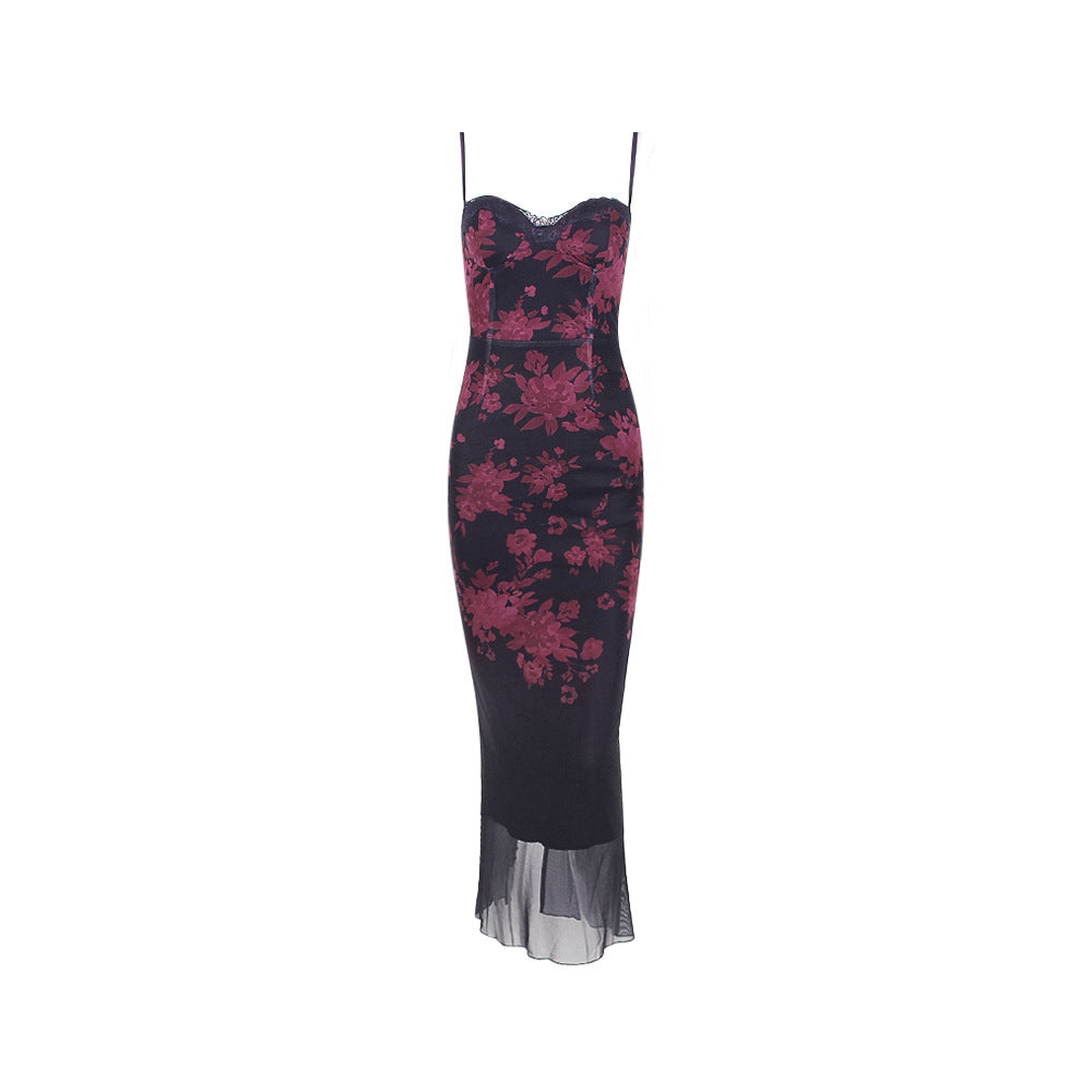 Spaghetti Strap Lace Trim Corset Bustier Floral Print Fishtail Maxi Dress