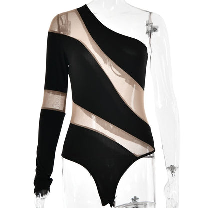 Irregular one shoulder mesh button bodysuit