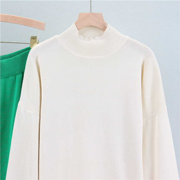 Green - Striped Half-Turtleneck Sweater Two Piece Set