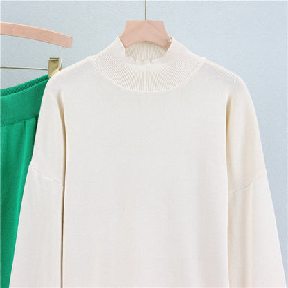 Green - Striped Half-Turtleneck Sweater Two Piece Set