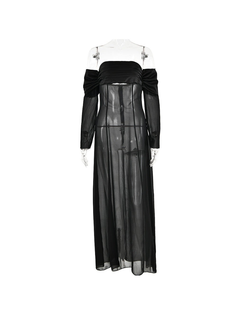 Off Shoulder Tube Long Sleeve See through Maxi Dress