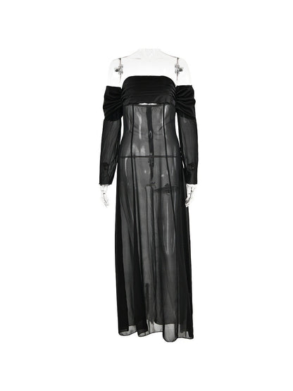 Off Shoulder Tube Long Sleeve See through Maxi Dress