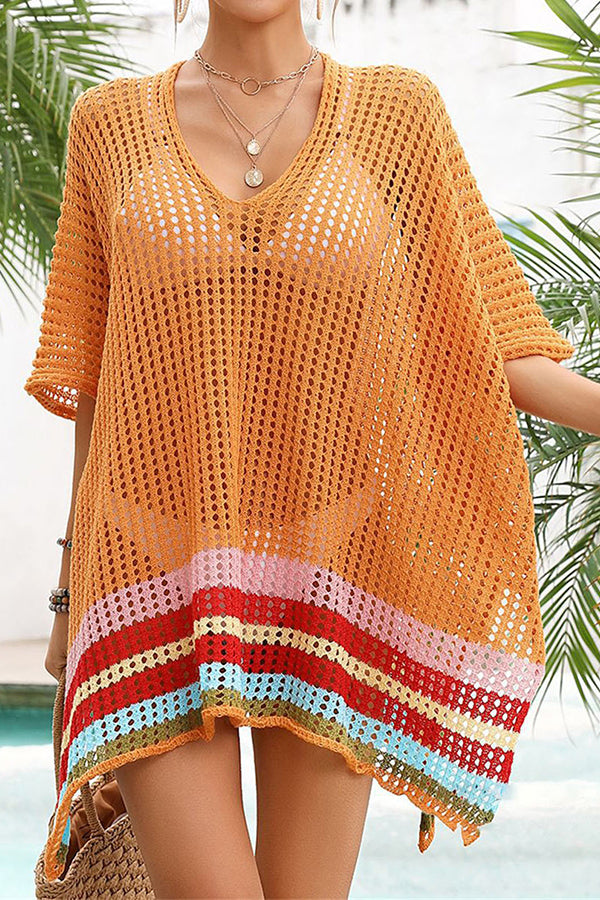 Color Block V Neck Slit Hollow Short Sleeved Knitted Cover Up
