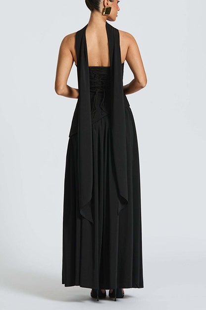 consonak Strapless Back Lace-up High Slit Splice Maxi Dress