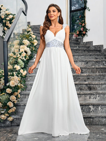 Sequin Strap Deep V Gathered Bust Chiffon Empire Maxi Gown