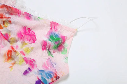 V neck lace flower print cami mini dress