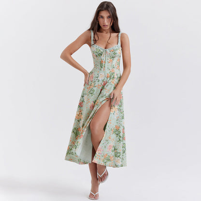 Floral Print Sweetheart Ruffle Neck Tie Front Corset Bodice A-Line Midi Dress