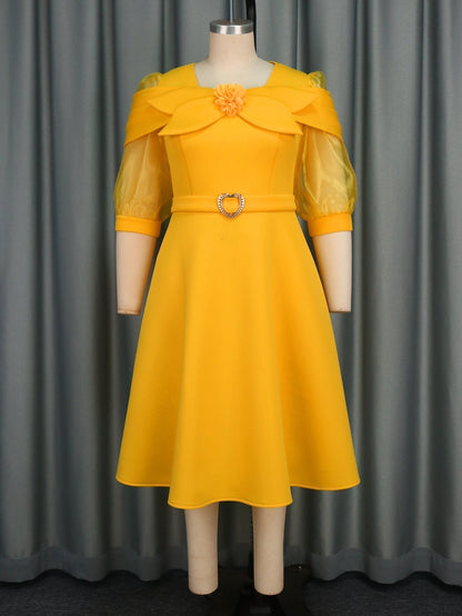 Bow Shoulder Floral Applique Mesh Puff Sleeve Belted A-Line Midi Dress