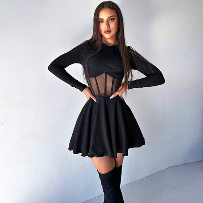 Crew Neck Corset Cage Waist Ribbed Knit Fit And Flare Mini Dress