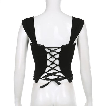 Square neck solid lace hem lace up crop top