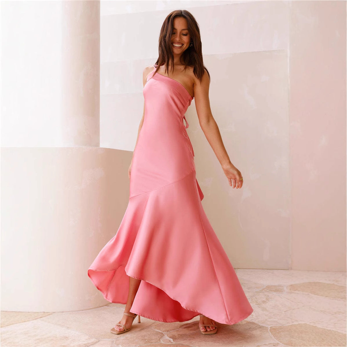 One-Shoulder Satin Ruffle Hem High-Low Fishtail Maxi Dress
