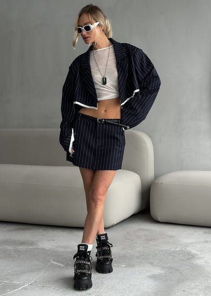 Pinstripe Cropped Blazer & Mini Skirt Set