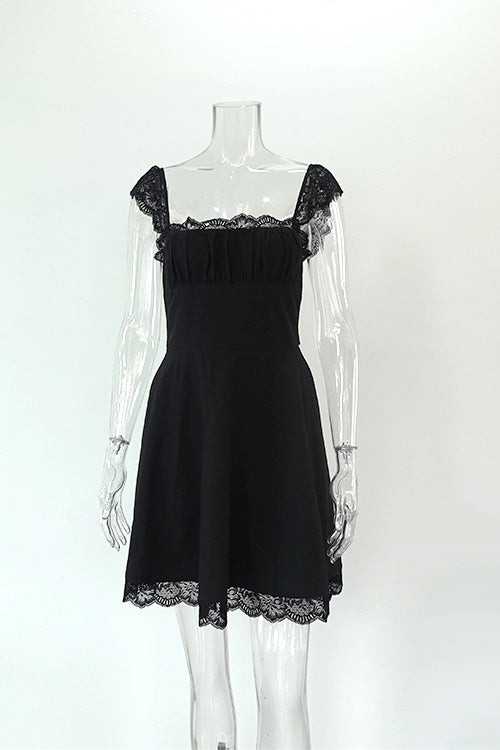 Square Neck Ruched Bust Lace Cap Sleeve High Waist Lace Hem Fit and Flare Mini Dress
