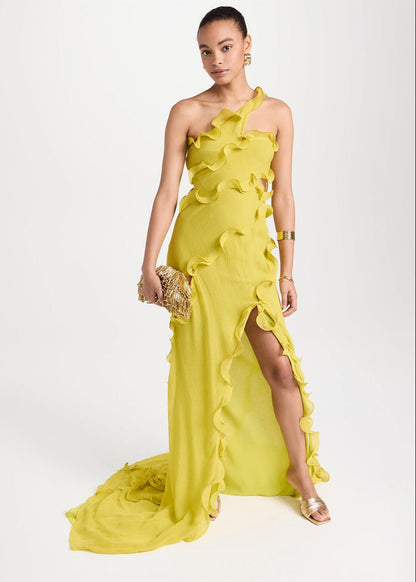 Solara – One-Shoulder Ruffle Slit Gown
