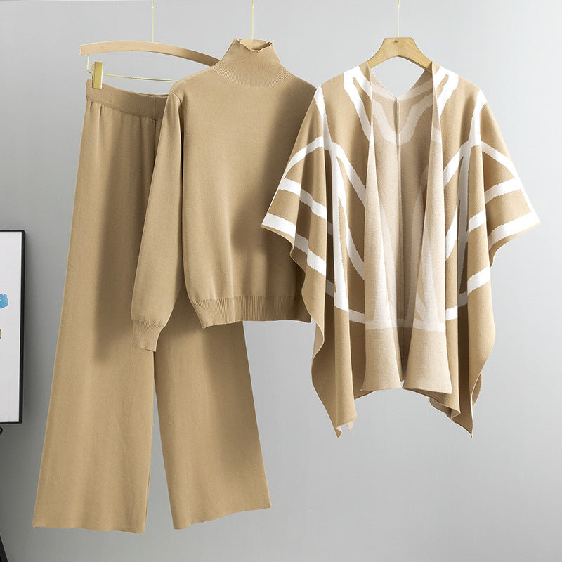 Khaki – Knit Sweater Shawl Three-Piece Set