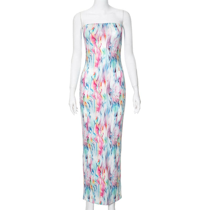 Ripple contrast high slit backless maxi dress