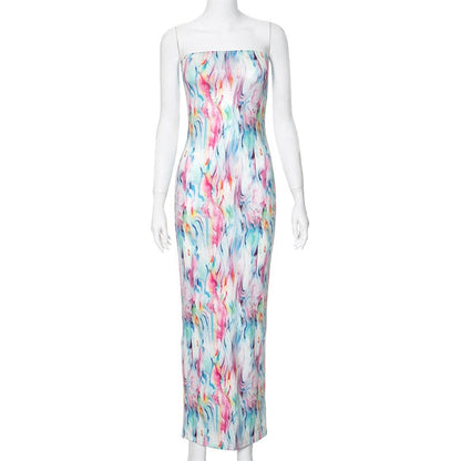 Ripple contrast high slit backless maxi dress