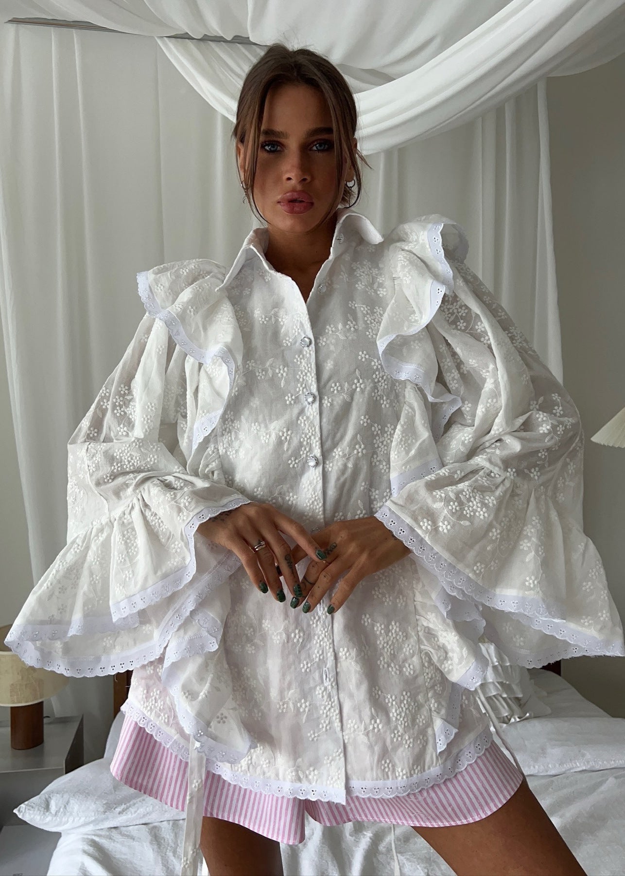 Floral Lace Ruffled Button-Up Shirt