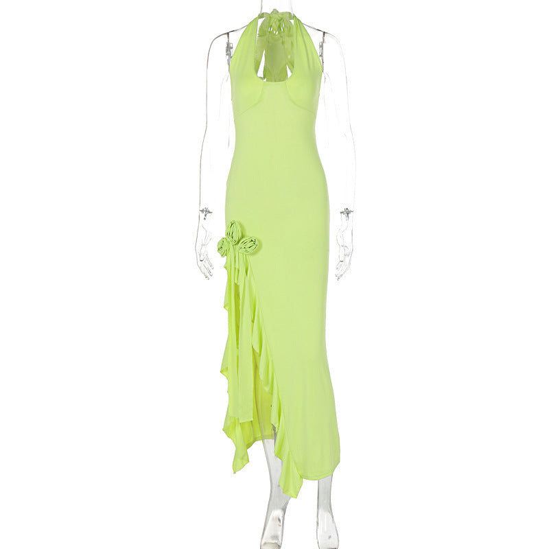Deep V Plunge Lace Up Halterneck Floral Decoration Slim Fit