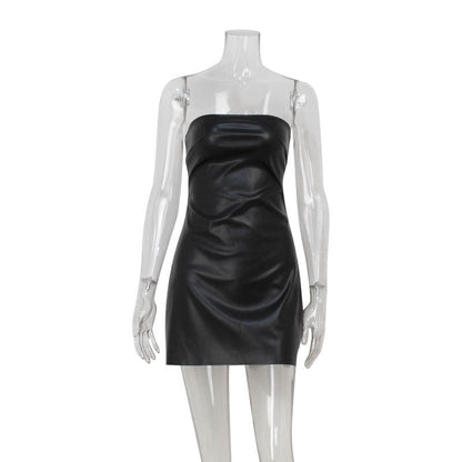 Strapless Tube Waist Seam Faux Leather Bodycon Mini Dress