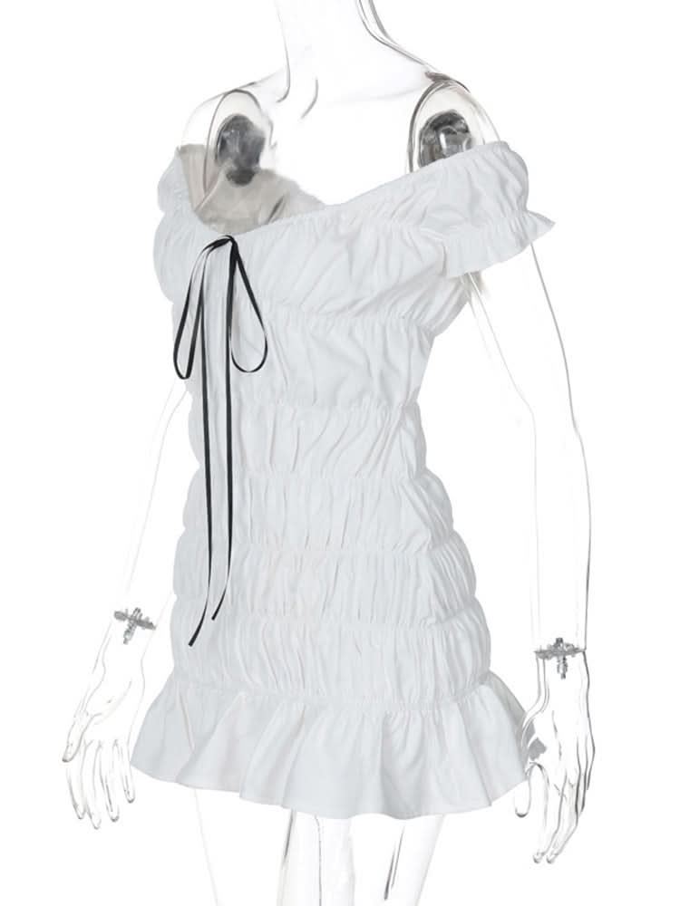 Ruched ribbon off shoulder v neck mini dress