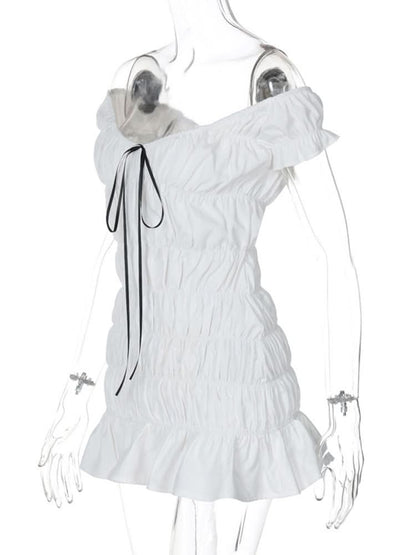 Ruched ribbon off shoulder v neck mini dress
