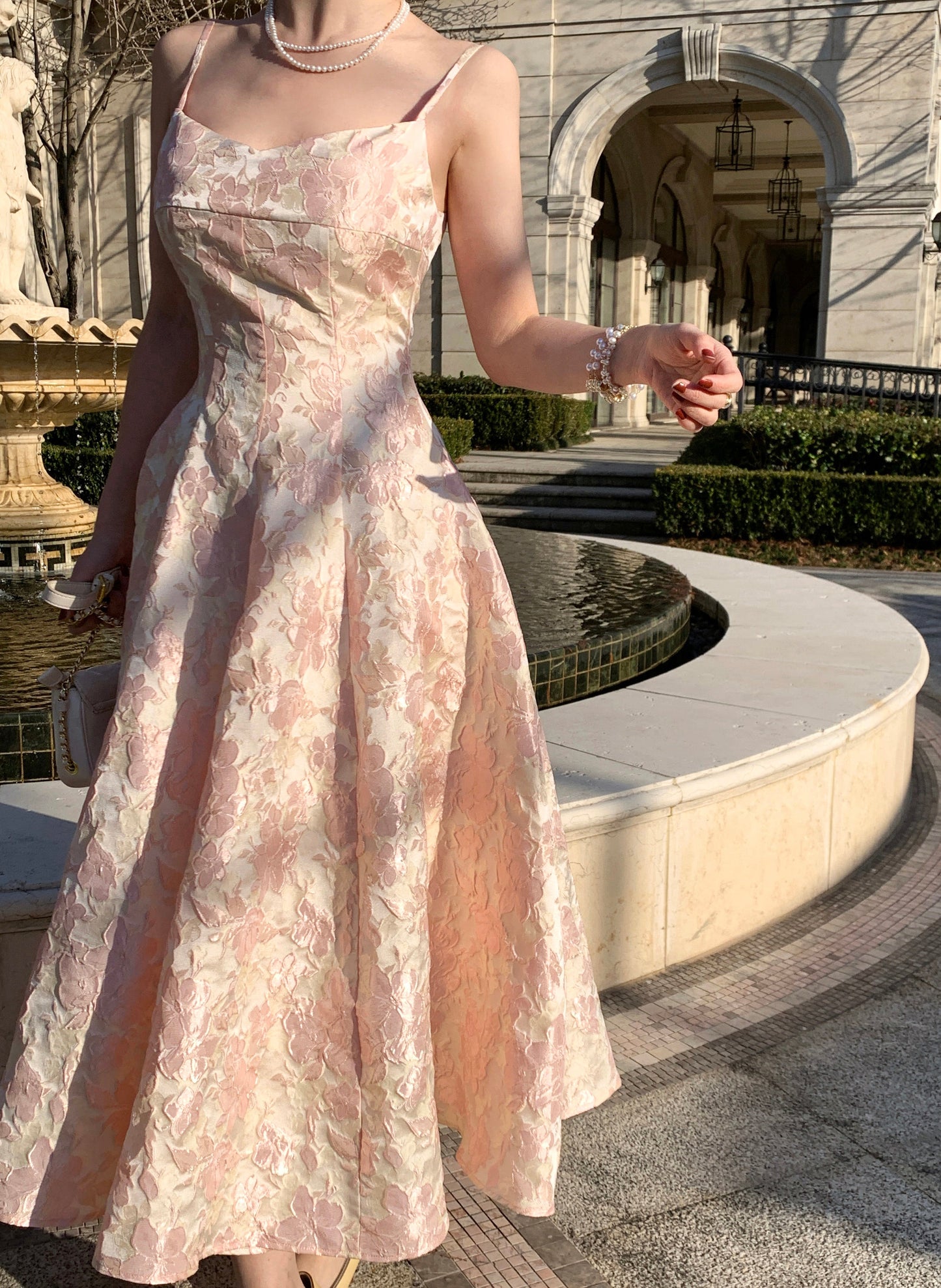 Porcelain Pink Jacquard Princess Dress Vintage Square Neck Slip Dress