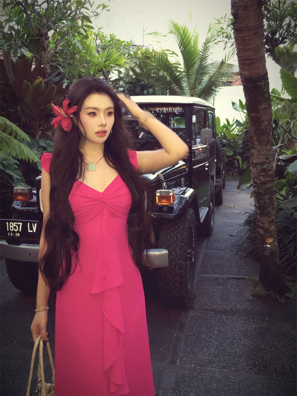 Soft Bloom Rose Midi Romantic Hot Pink Dress with Elegant Silhouette