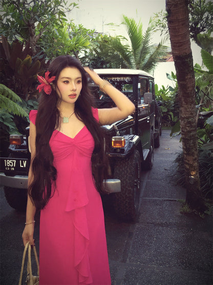Soft Bloom Rose Midi Romantic Hot Pink Dress with Elegant Silhouette