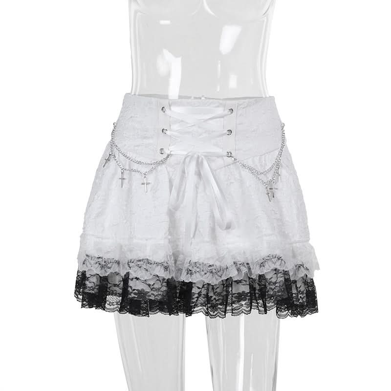 Lace up metal chain lace hem mini skirt