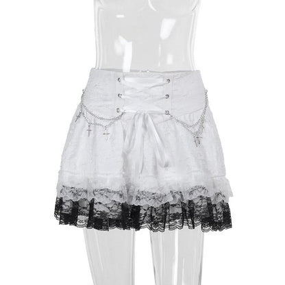 Lace up metal chain lace hem mini skirt
