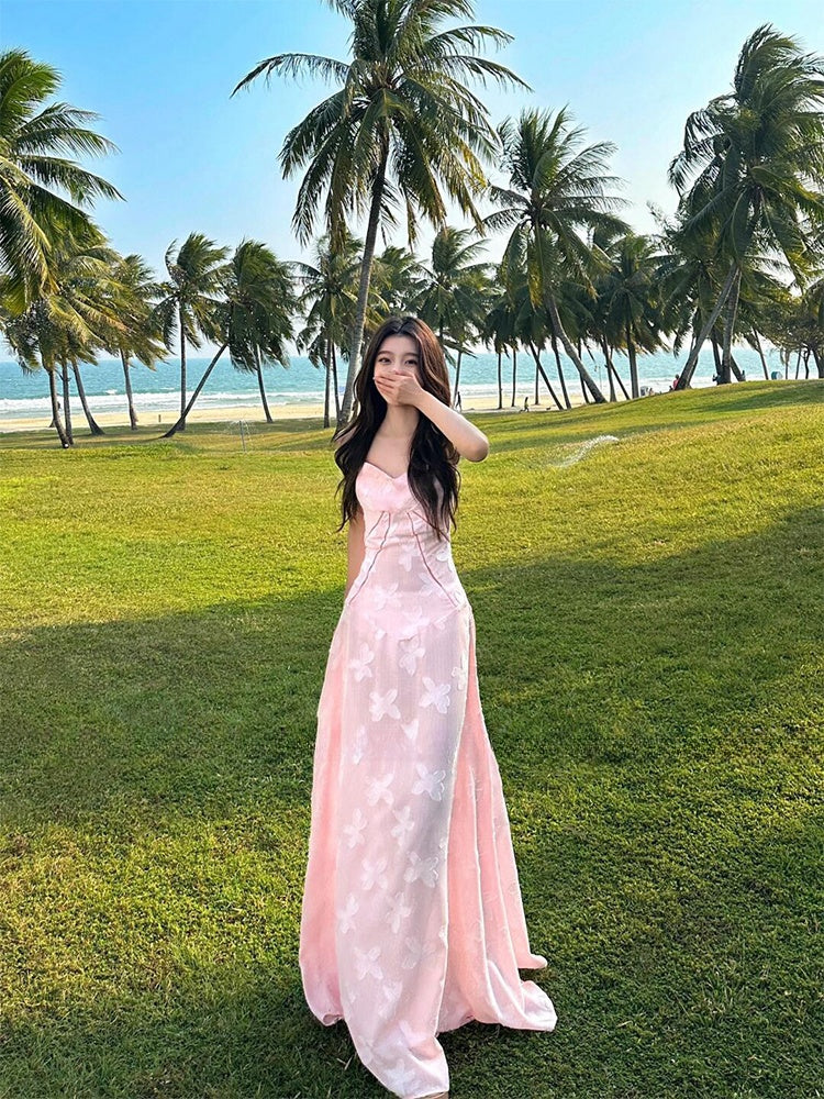 Pink Floral Jacquard Slip Dress Sexy Sheer Summer Holiday Dress