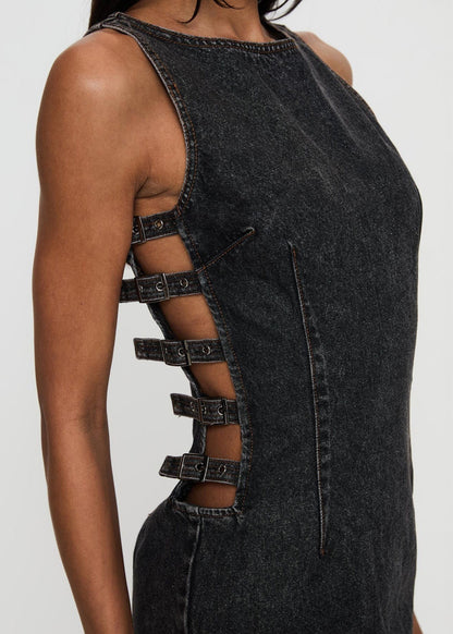 Black Denim Buckle Mini Dress