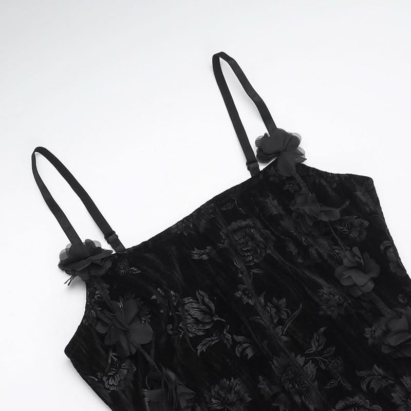 U neck velvet flower pattern slit maxi dress