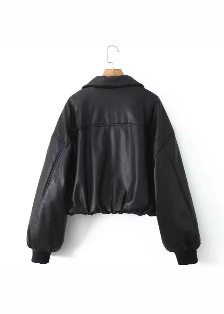 Luna - Cropped Faux Leather Bomber Jacket