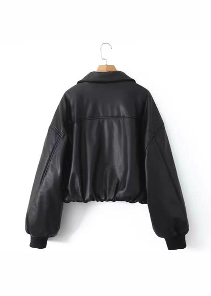 Luna - Cropped Faux Leather Bomber Jacket