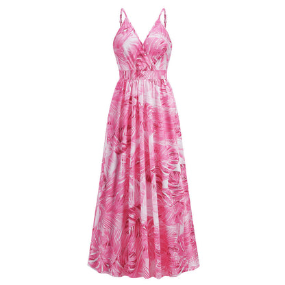 Palm Leaf Print Deep V Empire Waist A Line Maxi Dress