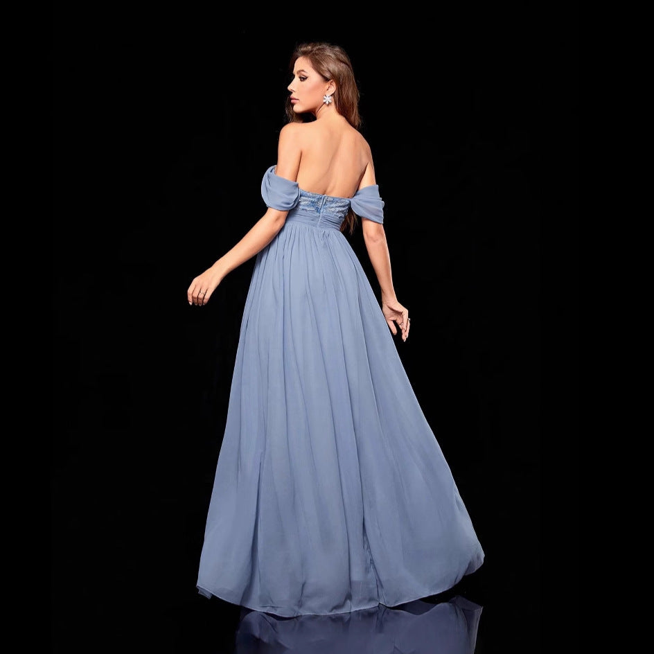 Off-Shoulder Lace Bodice Ruched Waist Pleated Chiffon Maxi Gown